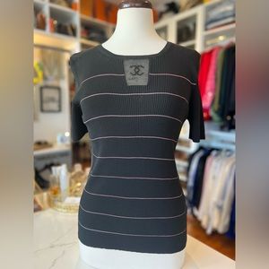 Chanel 04P Black ribbed top with Pink Pinstripe